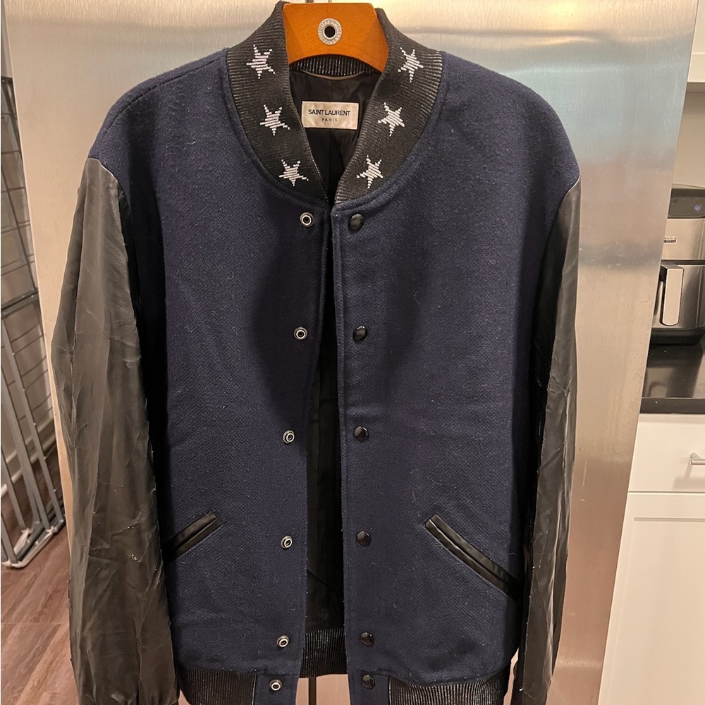 Saint Laurent Blue and Black Bomber Jacket with Ribbed Accents